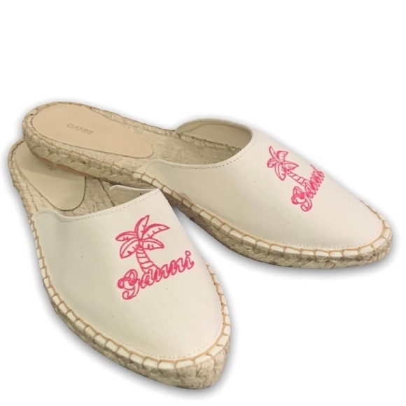 Ganni Embroidered Detail Neutral Canvas Espadrille Slip-On Slides US Size 11 NEW - Picture 1 of 11